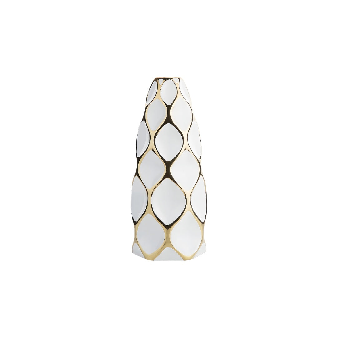 Contemporary White and Gold Lattice Ceramic Vase - 13 inch Geometric Sculptural Decorative Vase