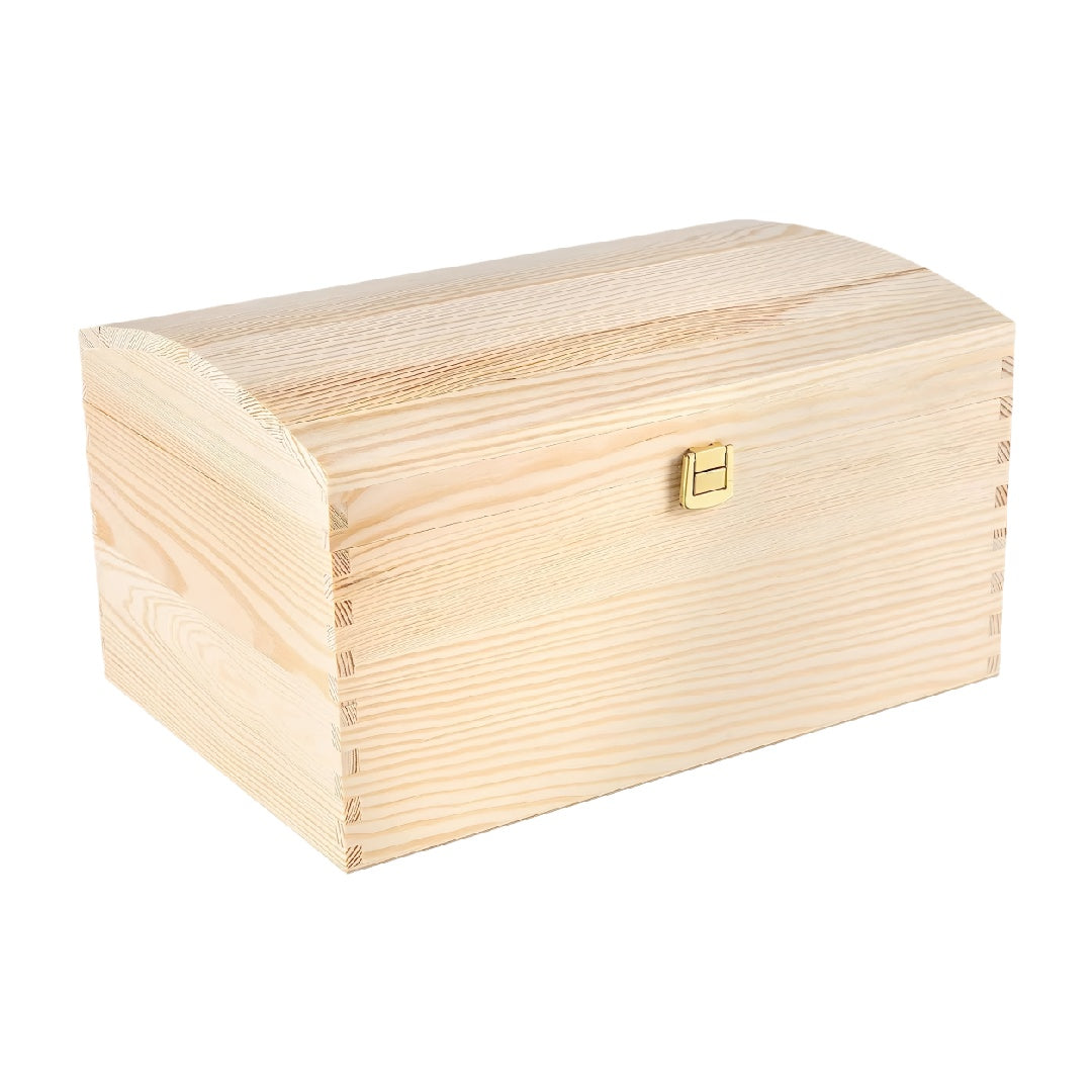 Unfinished Natural Pine Wood Treasure Chest with Domed Lid and Metal Latch